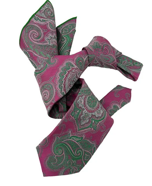 premium silk necktie patterns for weddings-DMITRY 7-Fold Men's Fuchsia Patterned Italian Silk Tie & Pocket Square Set