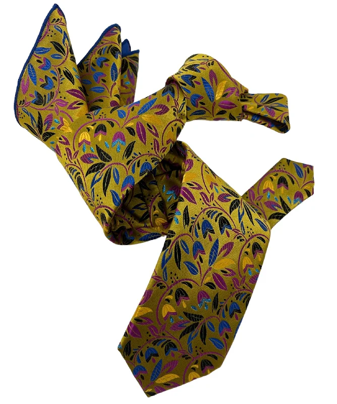 luxurious silk necktie sets for weddings-DMITRY 7-Fold Men's Gold Patterned Italian Silk Tie & Pocket Square Set