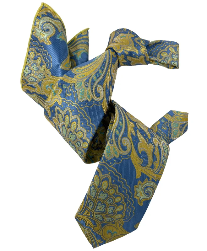 affordable wedding silk tie sets for men-DMITRY 7-Fold Men's Light Blue Patterned Italian Silk Tie & Pocket Square Set