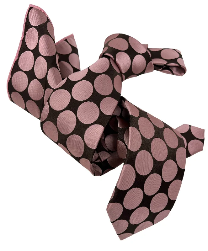 high-quality silk necktie designs for weddings-DMITRY 7-Fold Men's Pink/Brown Polka Dot Italian Silk Tie & Pocket Square Set