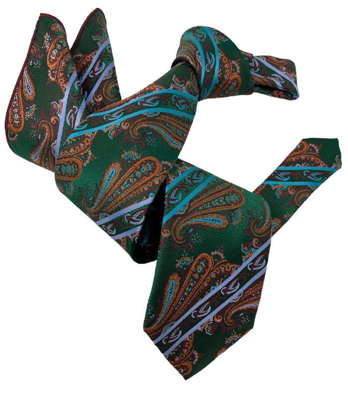 luxurious silk necktie sets for weddings-DMITRY 7-Fold Men's Green Patterned Italian Silk Tie & Pocket Square Set