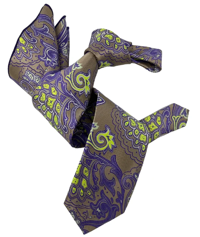 luxury silk necktie colors for weddings-DMITRY 7-Fold Men's Beige/Purple Patterned Italian Silk Tie & Pocket Square Set