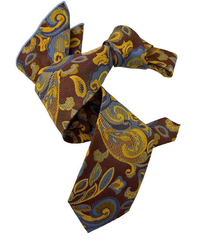 modern silk tie styles for weddings-DMITRY 7-Fold Men's Caramel Brown Patterned Italian Silk Tie & Pocket Square Set