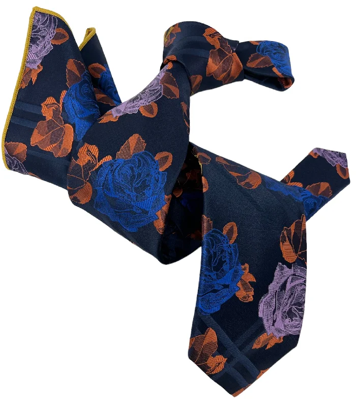 designer necktie sets for business meetings-DMITRY 7-Fold Men's Navy Patterned Italian Silk Tie & Pocket Square Set