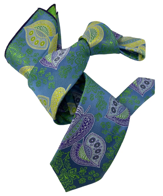 high-end silk necktie designs for office wear-DMITRY 7-Fold Men's Teal Patterned Italian Silk Tie & Pocket Square Set