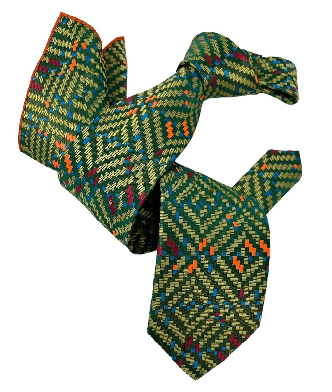 affordable designer silk necktie colors-DMITRY 7-Fold Men's Green Patterned Italian Silk Tie & Pocket Square Set