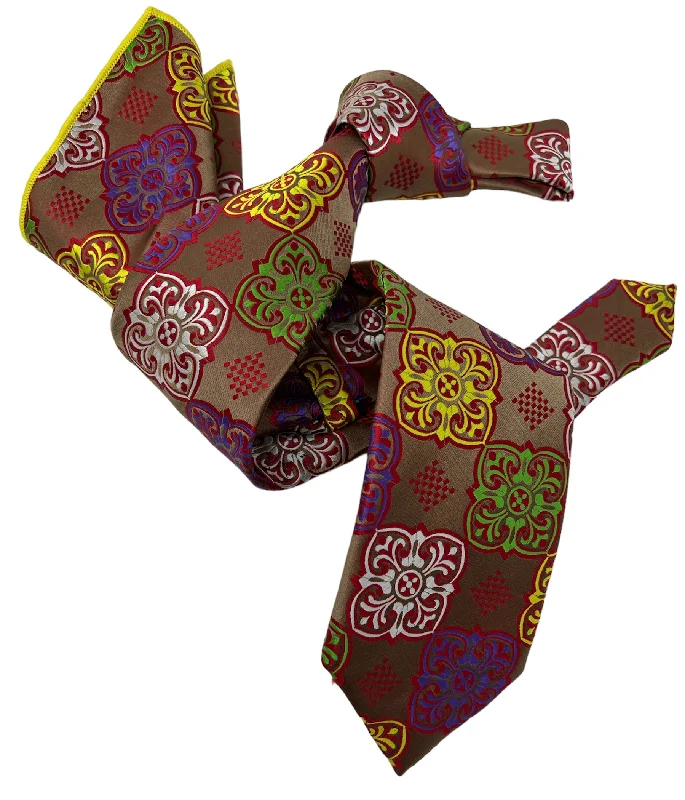 unique wedding necktie colors for men-DMITRY 7-Fold Men's Caramel Brown Patterned Italian Silk Tie & Pocket Square Set