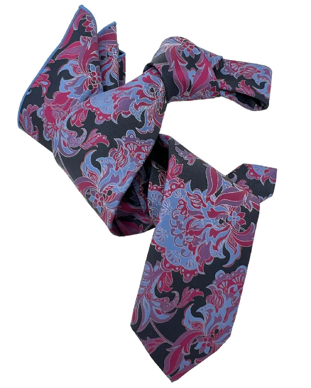 elegant silk necktie packs for office wear-DMITRY 7-Fold Men's Fuchsia/Grey Patterned Italian Silk Tie & Pocket Square Set