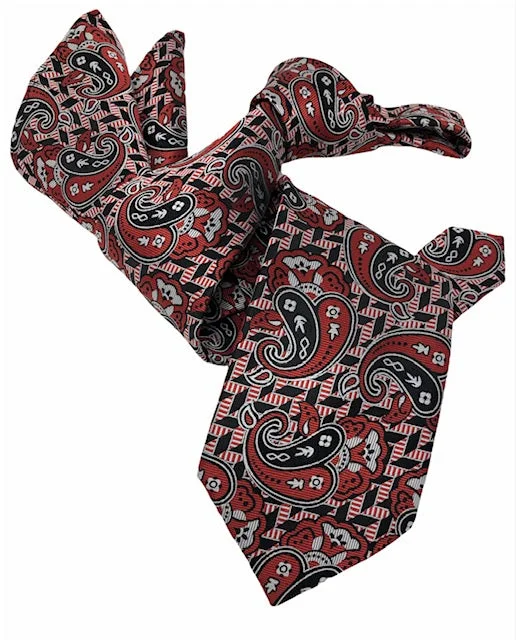 luxurious wedding necktie ideas for men-DMITRY 7-Fold Men's Red Patterned Italian Silk Tie & Pocket Square Set