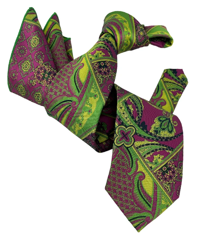 trendy office silk necktie options-DMITRY 7-Fold Men's Fuchsia/Green Patterned Italian Silk Tie & Pocket Square Set