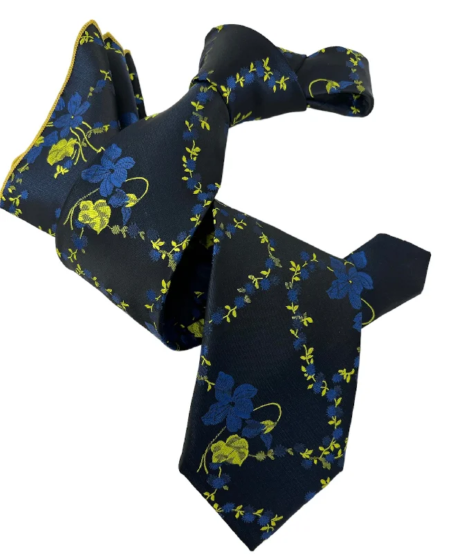 luxurious necktie options for wedding celebrations-DMITRY 7-Fold Men's Navy Patterned Italian Silk Tie & Pocket Square Set