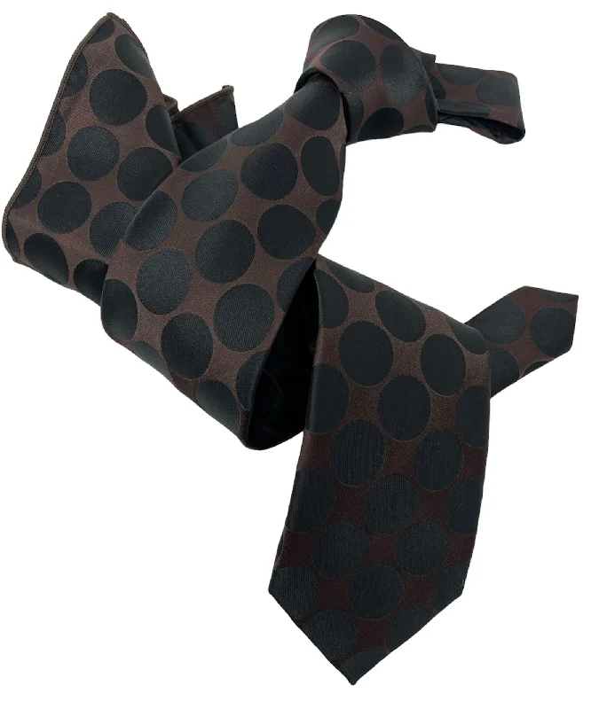 modern wedding silk tie sets-DMITRY 7-Fold Men's Black/Brown Polka Dot Italian Silk Tie & Pocket Square Set