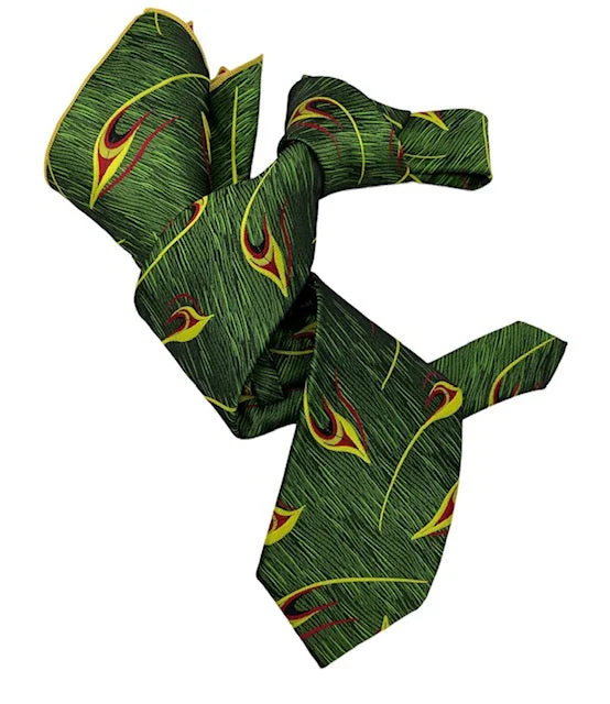 slim silk necktie designs for formal events-DMITRY 7-Fold Men's Green Patterned Italian Silk Tie & Pocket Square Set