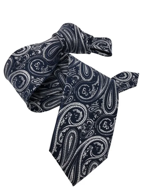 affordable designer silk bow ties-DMITRY 7-Fold Navy/Silver Paisley Italian Silk Tie