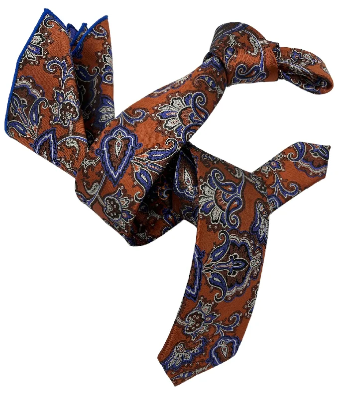 silk necktie options for office wear-DMITRY Men's Rust Orange Patterned Italian Silk Semi Skinny Tie & Pocket Square Set