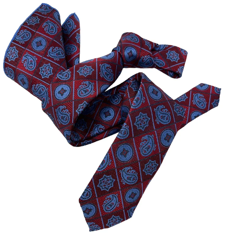 unique silk necktie colors for men-Dmitry Men's Red Patterned Italian Silk Semi Skinny Tie & Pocket Square Set