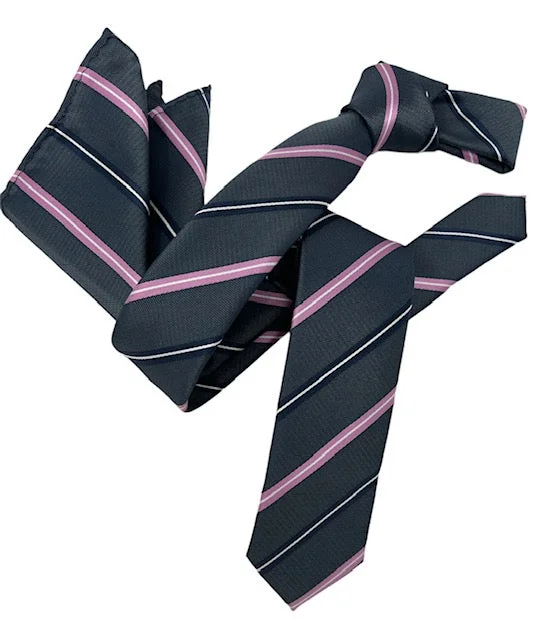 vibrant silk necktie sets for weddings-Dmitry Men's Slate Grey Striped Italian Silk Skinny Tie & Pocket Square Set