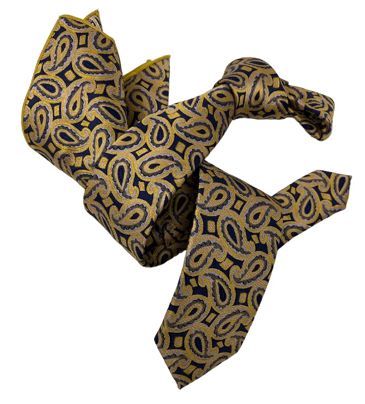 affordable silk wedding tie packs-DMITRY Men's Gold Patterned Italian Silk Semi Skinny Tie & Pocket Square Set