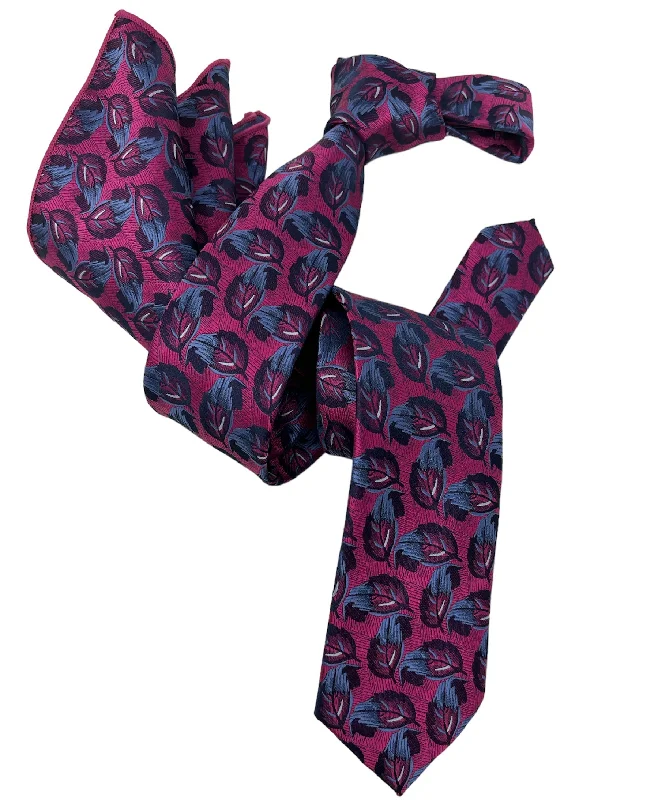 designer silk necktie sets for men-Dmitry Men's Fuchsia Patterned Italian Silk Semi Skinny Tie & Pocket Square Set