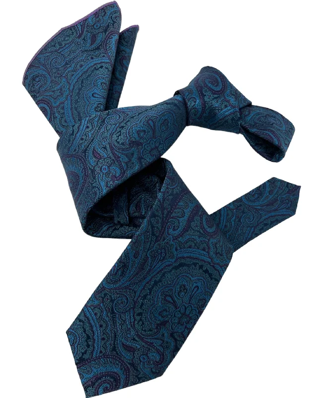 unique wedding necktie patterns for men-DMITRY Men's Teal Blue Patterned Italian Silk Tie & Pocket Square Set