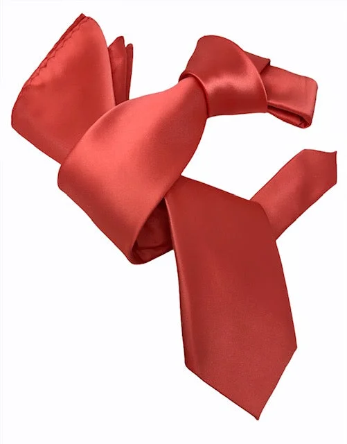 premium silk wedding necktie ideas-DMITRY Men's Solid Coral Italian Silk Tie & Pocket Square Set