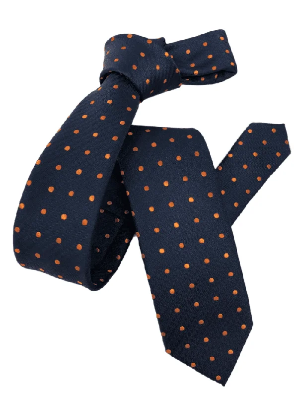 premium silk wedding necktie packs-DMITRY Men's Navy/Orange Polka Dot Patterned Italian Silk Skinny Tie