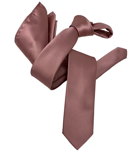 luxury silk wedding tie sets-DMITRY Men's Dusty Pink Italian Silk Solid Skinny Tie & Pocket Square Set