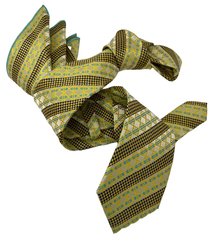 premium silk ties for office wear-DMITRY Men's Yellow/Teal Patterned Italian Silk Tie & Pocket Square Set