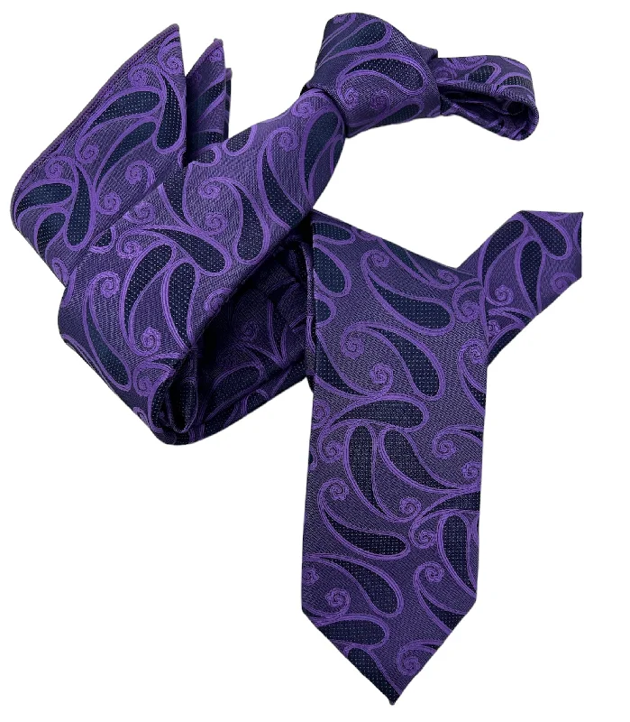 elegant necktie sets for business events-DMITRY Men's Purple Patterned Italian Silk Semi Skinny Tie & Pocket Square Set