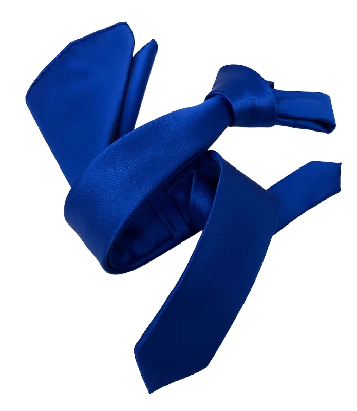 high-end silk necktie designs for office wear-Dmitry Men's Royal Blue Italian Silk Solid Skinny Tie & Pocket Square