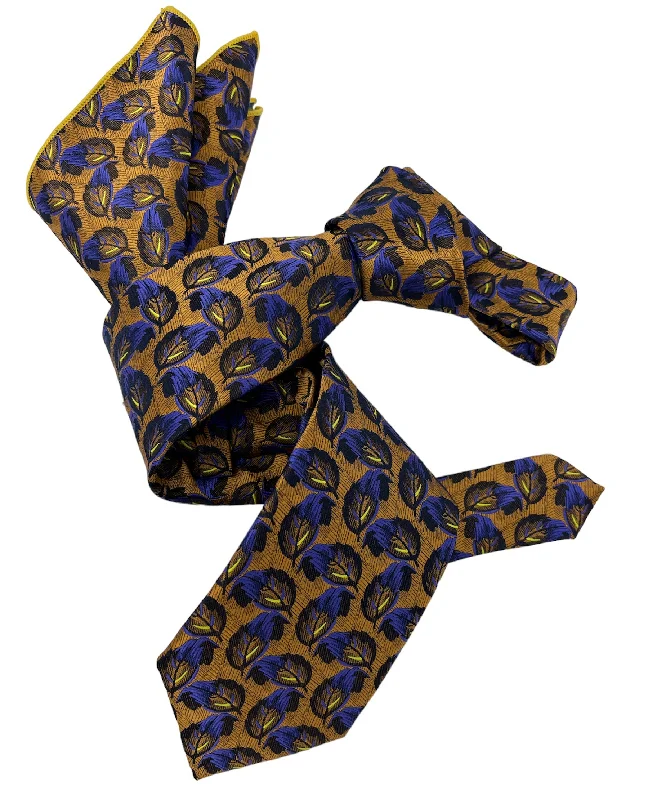 stylish office silk necktie combinations-DMITRY Men's Rust Orange Patterned Italian Silk Tie & Pocket Square Set