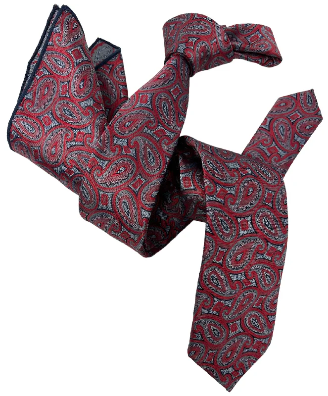 slim silk necktie combinations for weddings-DMITRY Men's Red Patterned Italian Silk Semi Skinny Tie & Pocket Square Set