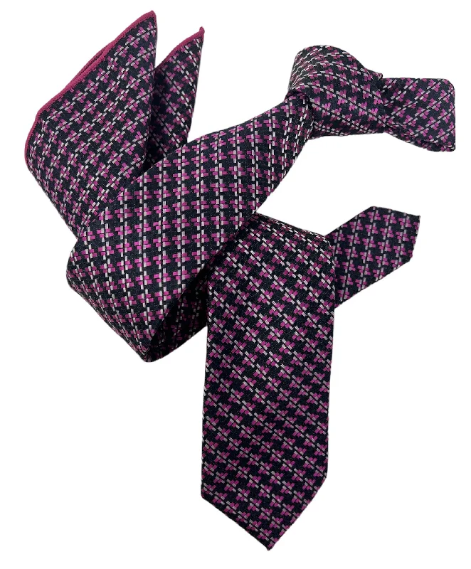 silk ties for formal office events-Dmitry Men's Magenta Patterned Italian Silk Semi Skinny Tie & Pocket Square Set