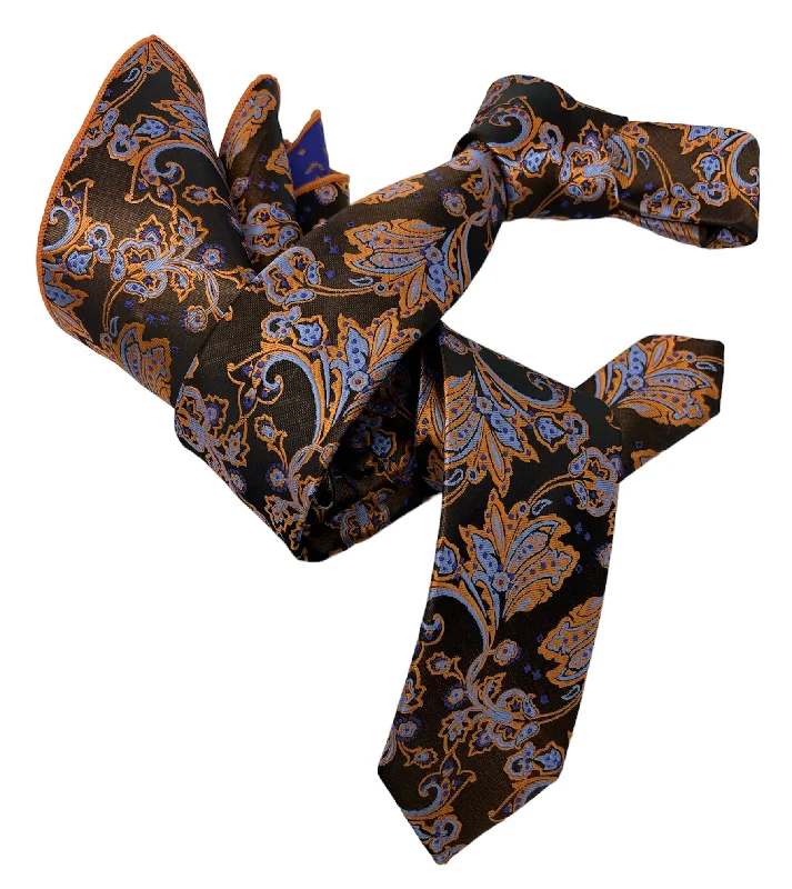 designer silk necktie ideas for weddings-DMITRY Men's Rust Orange Patterned Italian Silk Semi Skinny Tie & Pocket Square Set