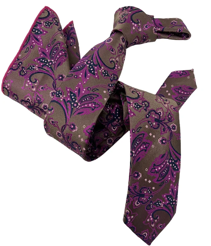 best necktie sets for formal office wear-DMITRY Men's Fuchsia/Brown Patterned Italian Silk Semi Skinny Tie & Pocket Square Set