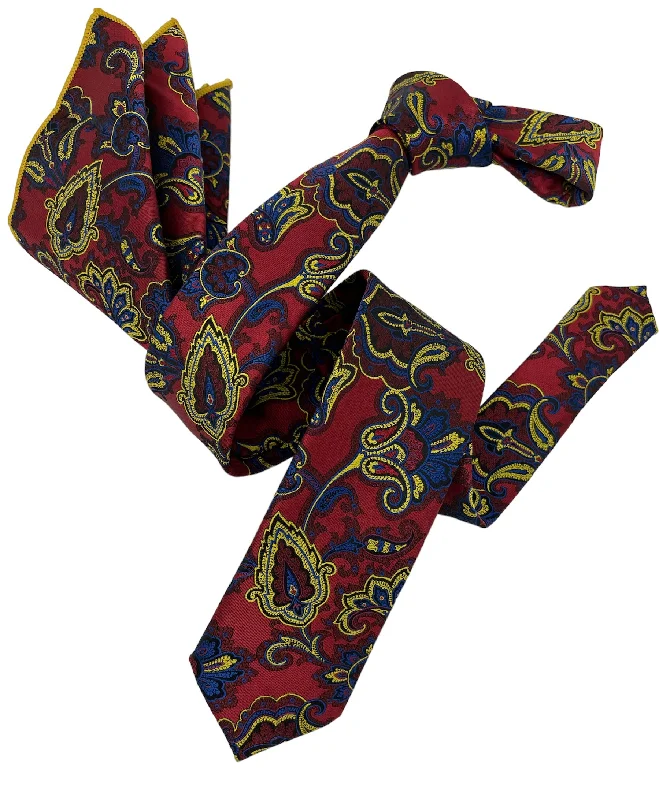 affordable silk wedding necktie combinations-Dmitry Men's Red Patterned Italian Silk Skinny Tie & Pocket Square Set