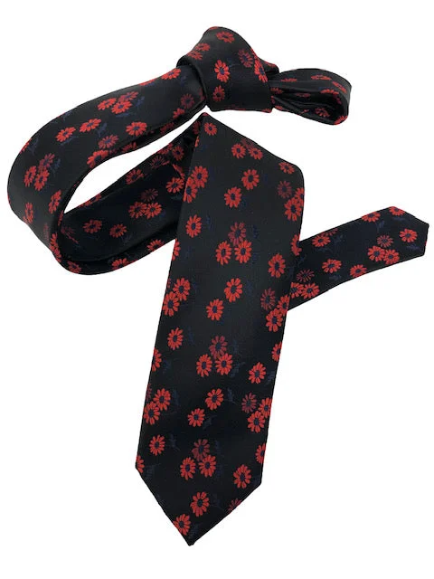 best wedding necktie options for men-DMITRY Men's Black/Red Patterned Italian Silk Skinny Tie