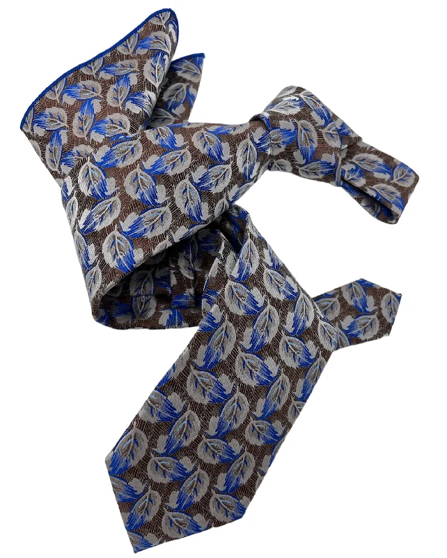 elegant silk necktie combinations for weddings-DMITRY Men's Brown/Blue Patterned Italian Silk Tie & Pocket Square Set