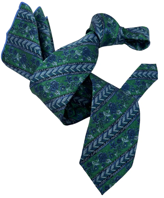 premium silk bow ties for formal events-DMITRY Men's Green/Blue Patterned Italian Silk Tie & Pocket Square Set