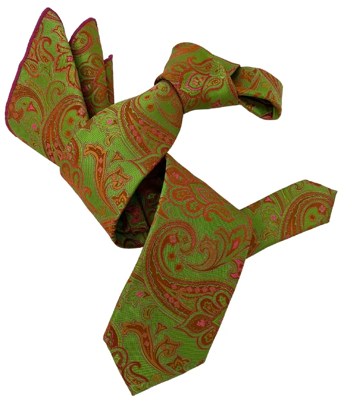 affordable silk bow ties for weddings-DMITRY Men's Green Patterned Italian Silk Tie & Pocket Square Set