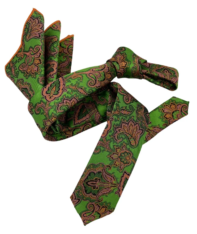 affordable silk necktie designs for formal events-Dmitry Men's Green Patterned Italian Silk Skinny Tie & Pocket Square Set