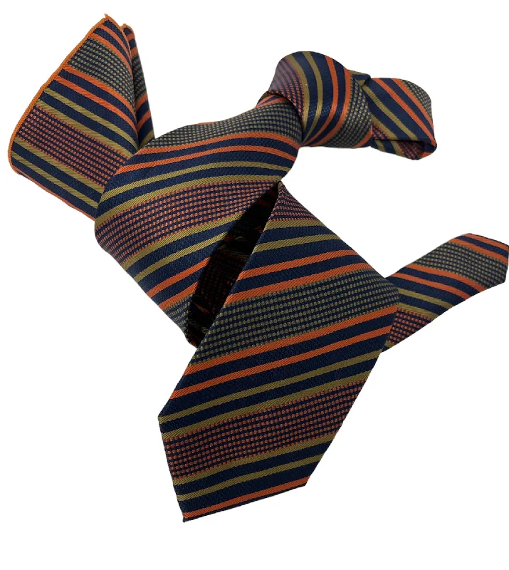 affordable silk necktie ideas for business-DMITRY Men's Orange Striped Italian Silk Tie & Pocket Square Set