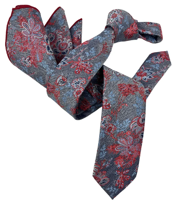 affordable slim silk ties for men-Dmitry Men's Blue/Red Patterned Italian Silk Semi Skinny Tie & Pocket Square Set