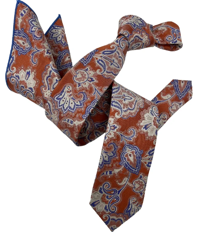 affordable designer silk bow ties-DMITRY Men's Orange Patterned Italian Silk Semi Skinny Tie & Pocket Square Set