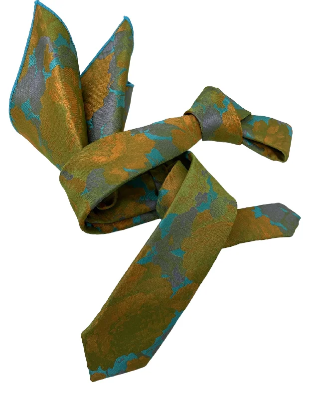 premium silk wedding necktie ideas-Dmitry Men's Teal/Orange Patterned Italian Silk Skinny Tie & Pocket Square Set