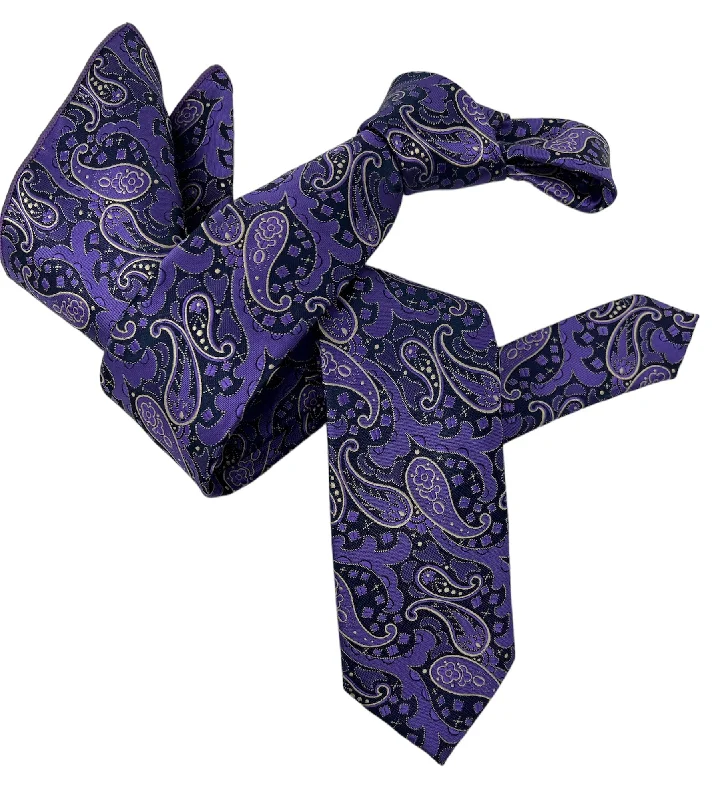 premium silk ties for office wear-Dmitry Men's Purple Patterned Italian Silk Semi Skinny Tie & Pocket Square Set