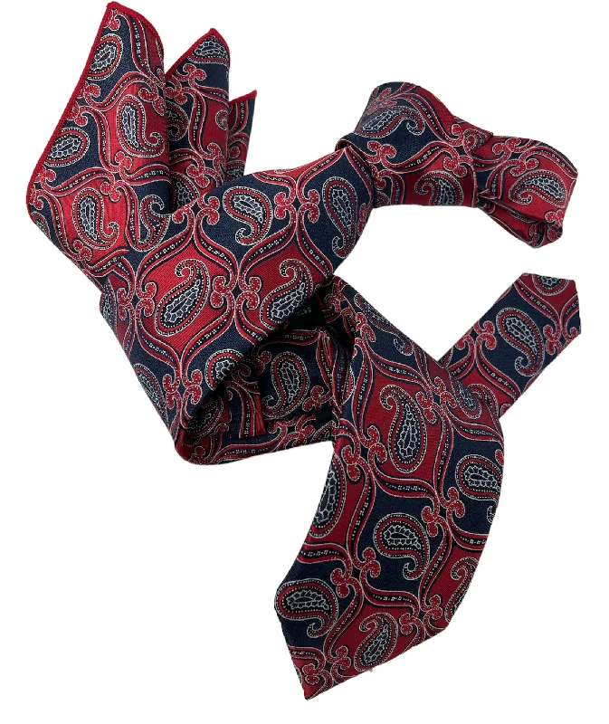 luxury silk necktie packs for weddings-DMITRY Men's Red/Navy Patterned Italian Silk Tie & Pocket Square Set