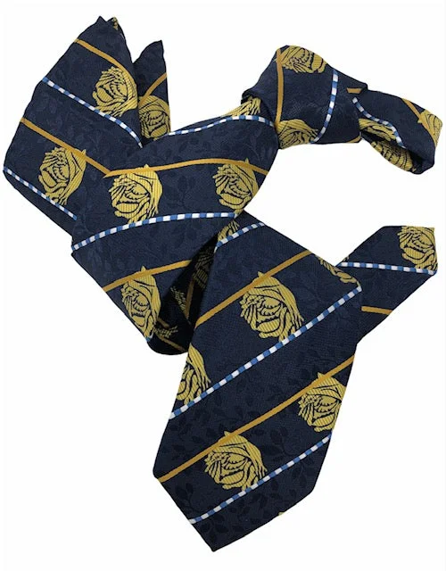 silk necktie options for office meetings-DMITRY Men's Navy/Yellow Patterned Italian Silk Tie & Pocket Square Set