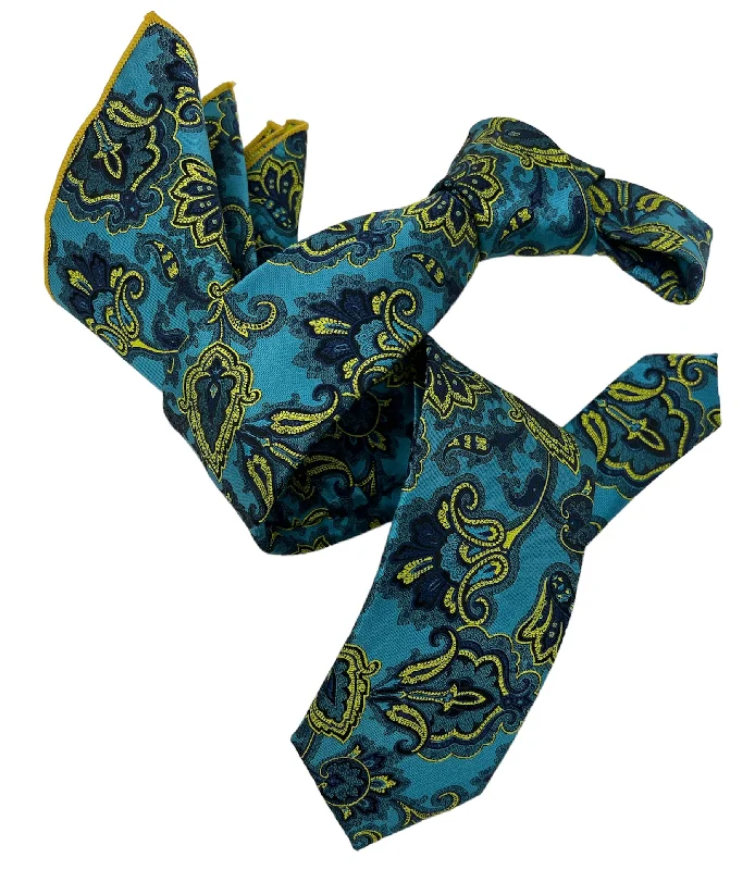 business silk bow ties for formal events-Dmitry Men's Turquoise Patterned Italian Silk Semi Skinny Tie & Pocket Square Set