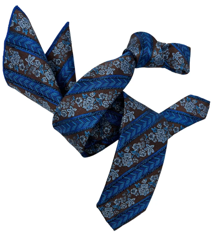 unique silk bow ties for office wear-DMITRY Men's Blue/Brown Patterned Italian Silk Semi Skinny Tie & Pocket Square Set